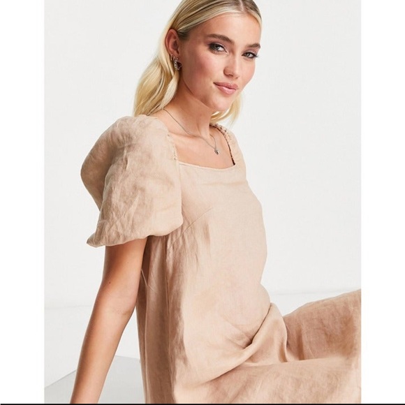 EUC & Other Stories Linen Sheath Puff Sleeve Dress Beige - Picture 2 of 4